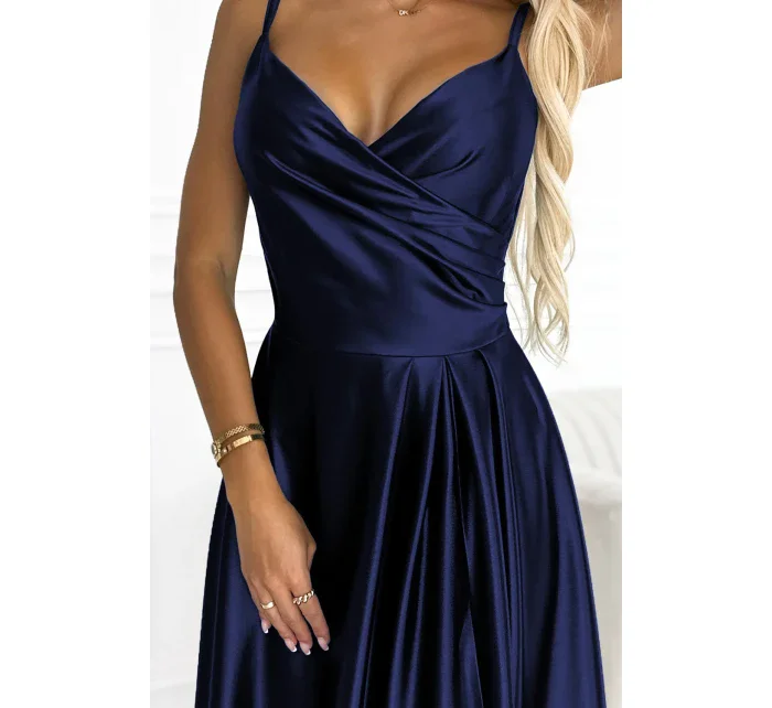 CHIARA Elegantní tmavě modré dámské dlouhé saténové maxi šaty na ramínkách model 18925689 - numoco