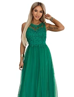 672-3 Romantické svatební maxi šaty s vyšívanou krajkou a tylem - zelené