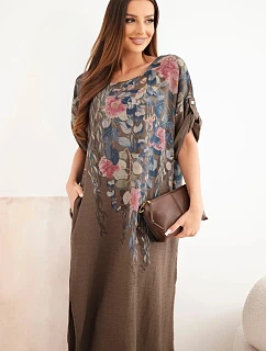 Dámské viskózové šaty Plus Size s krátkým rukávem a rozparky po stranách hnědá