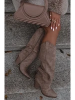 kozačky na podpatku z eko semiše béžové  Damskie model 21715105 - Boto