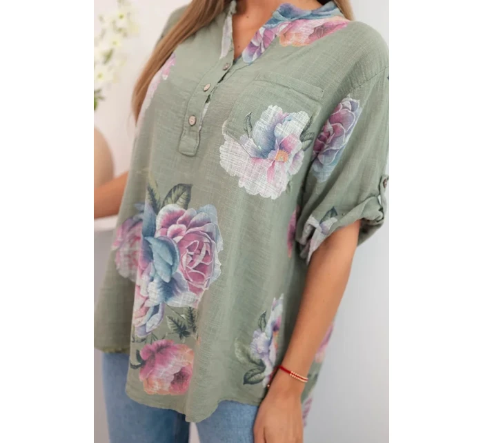 Dámská bavlněná halenka s květinovým vzorem khaki Dámská bavlněná halenka s květinovým vzorem khaki