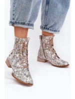 Kožené Vzorované Kotníkové Boty Na Ploché Podpatky model 21691368 Béžové - Maciejka