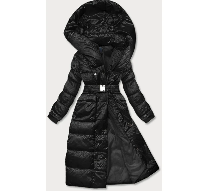 Dlouhá černá dámská bunda s opaskem (AG1-J9090)