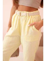 Dámské lněné kalhoty s bavlnou a páskem - žluté