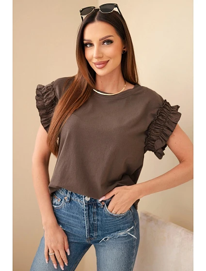Dámská bavlněná halenka s model 22147982 rukávem hnědá - K-Fashion
