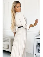 462-1 SERENA Plisované maxi šaty s výstřihem, páskem a 3/4 rukávy - BEACH