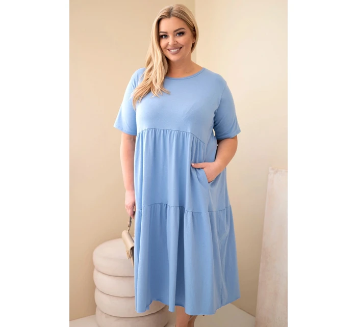 Dámské bavlněné šaty Plus Size s krátkým rukávem a volánem džínová