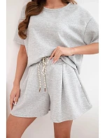 Dámský viskózový máslový komplet s krátkým rukávem a šortky s vysokým pasem šedý melanž