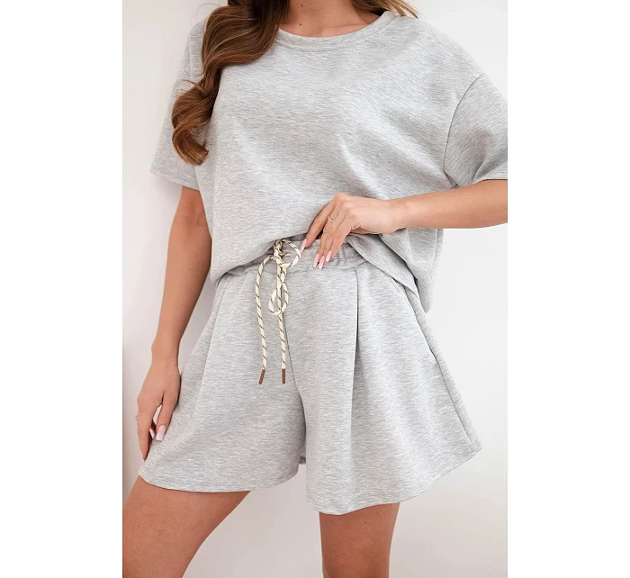 Dámský viskózový máslový komplet s krátkým rukávem a šortky s vysokým pasem šedý melanž