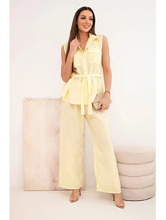 Dámský komplet s vázanou halenkou a širokými kalhotami žlutý