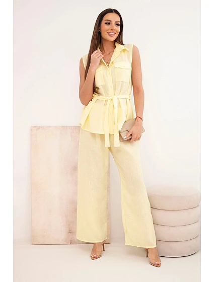 Dámský komplet s vázanou halenkou a širokými kalhotami žlutý