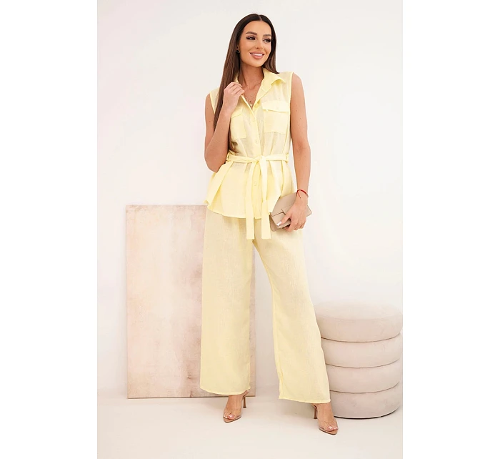 Dámský komplet s vázanou halenkou a širokými kalhotami žlutý
