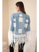 Dámská bavlněná džínová bunda s třásněmi a krajkou v boho stylu světle džínová