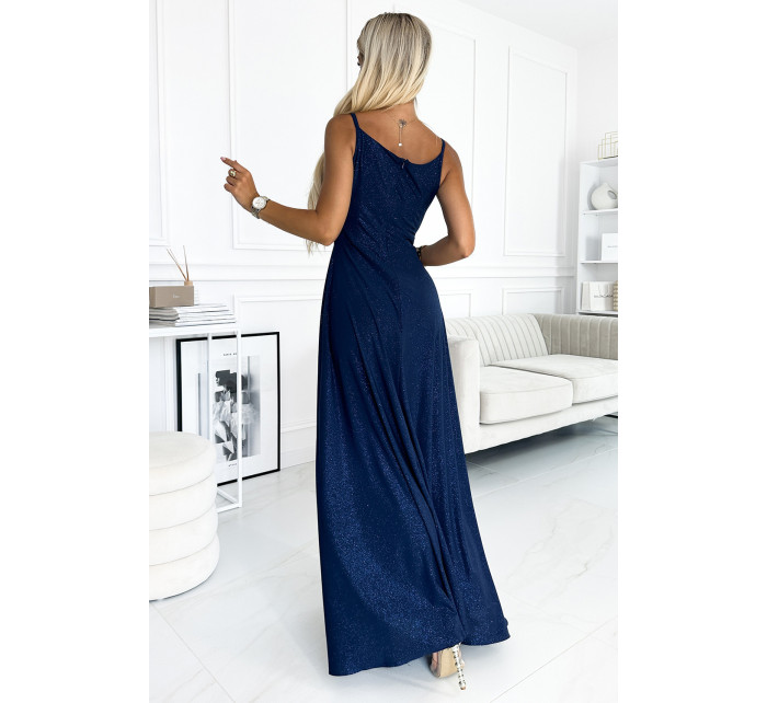 Elegantní maxi šaty na ramínka Numoco CHIARA - tmavě modré se třpytkami