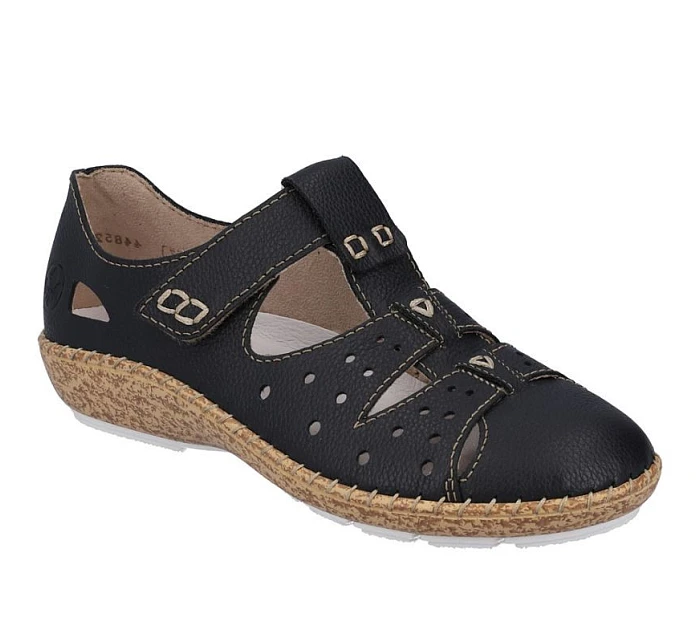 Dámská kožená pohodlná obuv na suchý zip s otevřenou špičkou černá Rieker 44852-14 Dámská kožená pohodlná obuv na suchý zip s otevřenou špičkou černá Rieker 44852-14