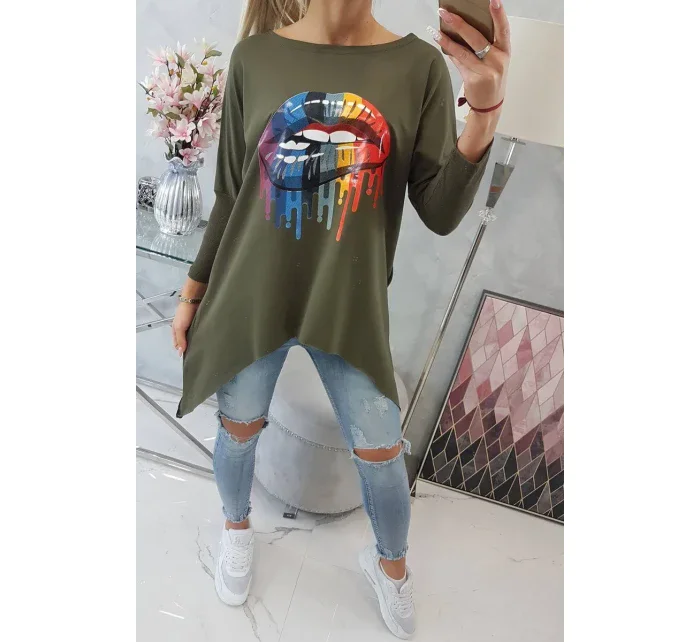 Oversize halenka s duhovým potiskem rtů v barvě khaki