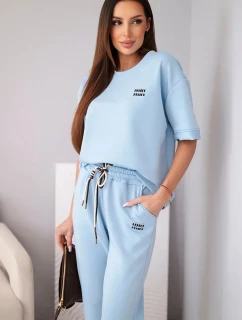 Dámský komplet viskózový máslo s krátkým rukávem a kalhotami s ohrnutým nohavicí modrý