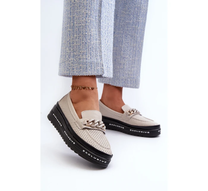Dámské kožené mokasíny na platformě s řetízkem model 21660132 béžové - S.Barski
