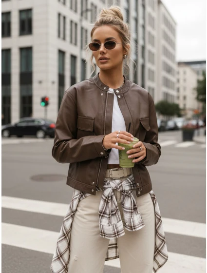 Hnědá dámská kožená bunda FashionStreet TY5540