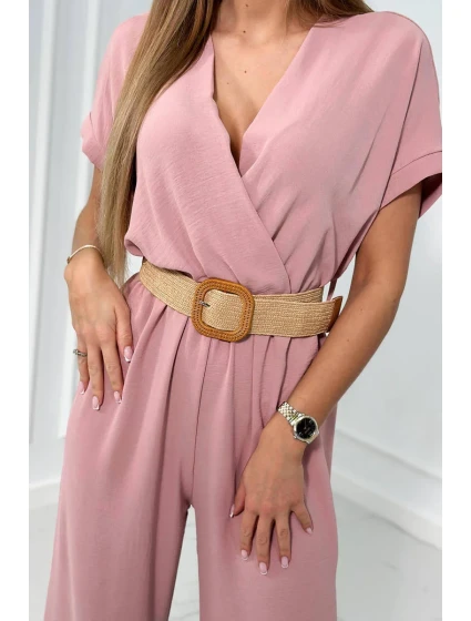 Kombinéza s ozdobným páskem v pase pudrově růžová