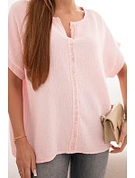 Dámská bavlněná oversize halenka s V výstřihem a krajkou candy pink