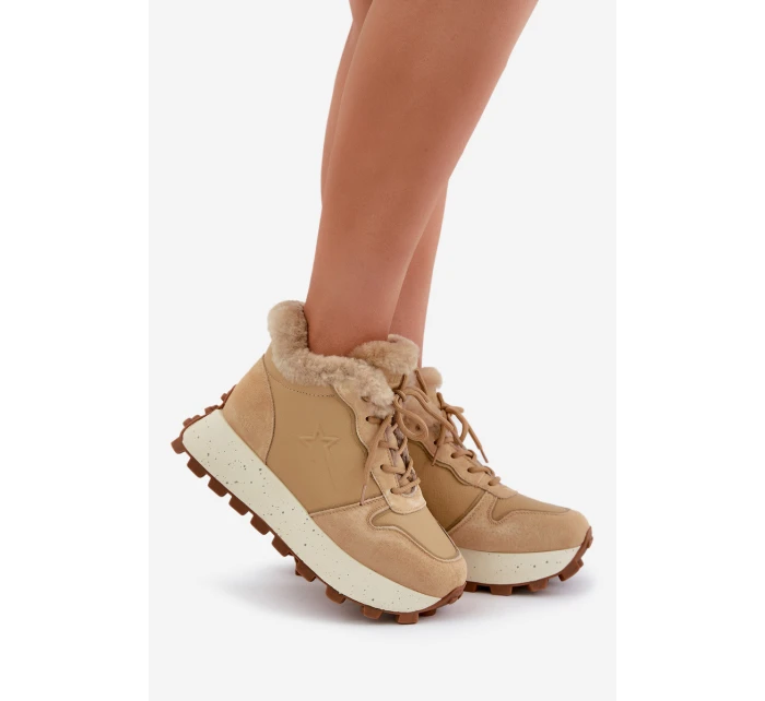 Kožené Sneakersy Trapery Dámské S Kožíškem Na Platformě Big Star model 21680216 Béžové - Big Star Shoes Kožené Sneakersy Trapery Dámské S Kožíškem Na Platformě Big Star model 21680216 Béžové - Big Star Shoes