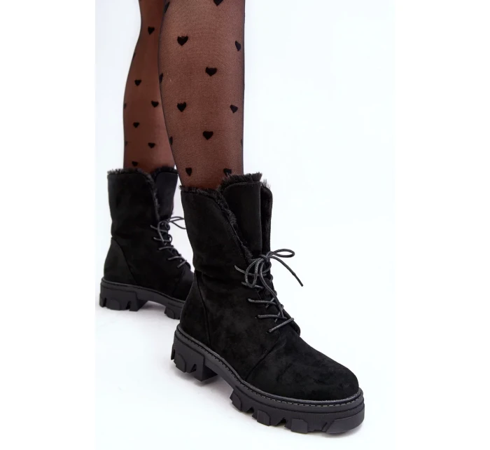 Semišové šněrovací pracovní kotníkové boty s kožíškem, černé Frendo