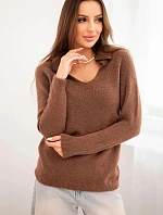 Dámský svetr z baby alpaky s límcem a V výstřihem čokoládový