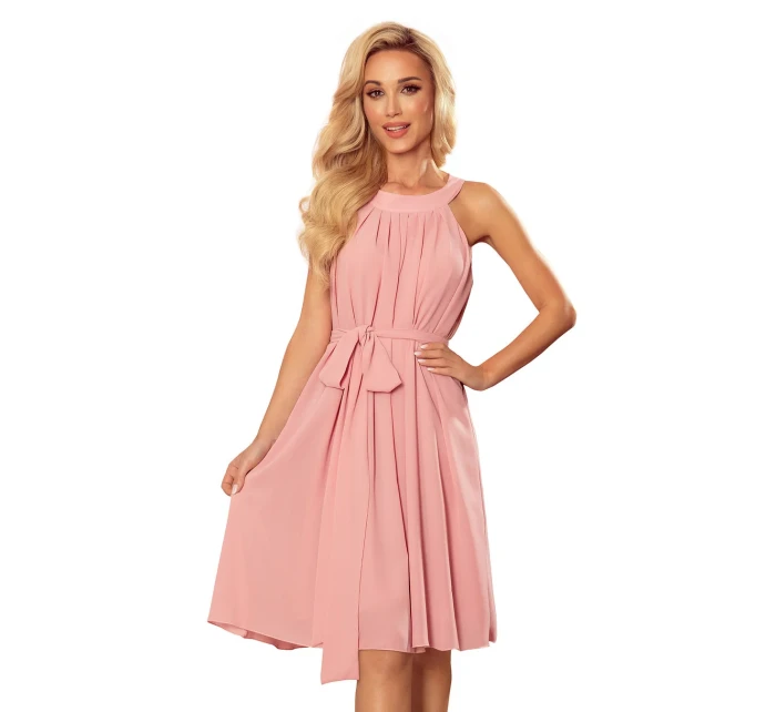ALIZEE - dámské šifonové šaty v pudrově růžové barvě s vázáním 350-2