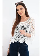 Dámský bavlněný ažurový svetr s krátkým rukávem a ozdobným vzorem bílý