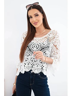 Dámský bavlněný ažurový svetr s krátkým rukávem a ozdobným vzorem bílý