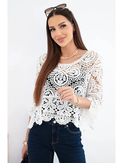 Dámský bavlněný ažurový svetr s krátkým rukávem a ozdobným vzorem bílý