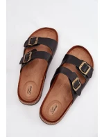 Dámské pantofle na korkové platformě s přezkami – černé