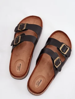 Dámské pantofle na korkové platformě s přezkami – černé