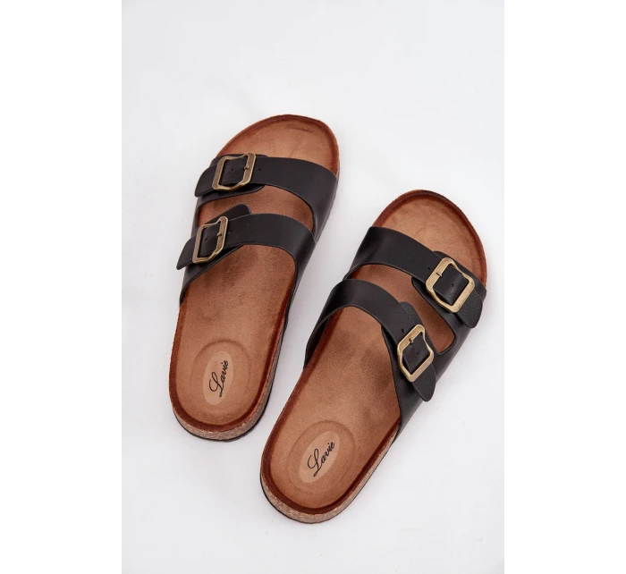 Dámské pantofle na korkové platformě s přezkami – černé