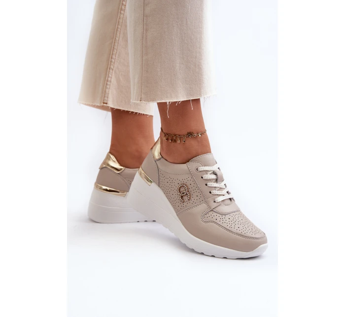 Dámské kožené tenisky na podpatku béžové model 21659717 - S.Barski