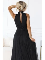 636-3 VERONICA luxusní dlouhé šaty s brokátovým akcentem a elegantním střihem - černé