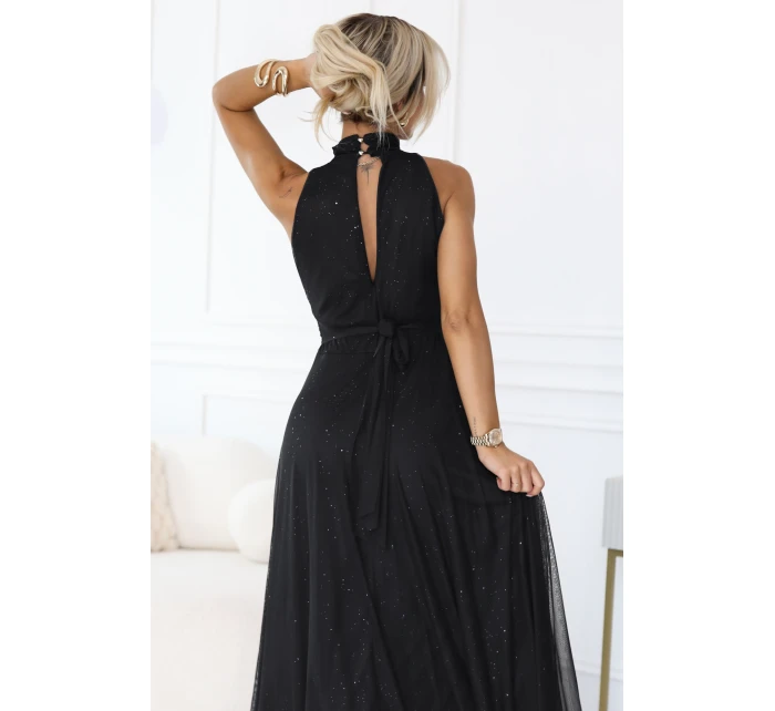 636-3 VERONICA luxusní dlouhé šaty s brokátovým akcentem a elegantním střihem - černé