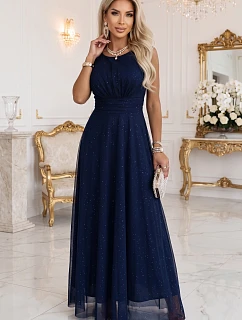 dlouhé maxi šaty s tylem a kulatým výstřihem – tmavě modré model 22275586 - numoco basic