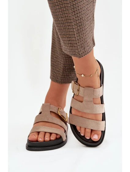 Dámské pantofle s pásky a zlatým přezkou béžové model 21919132 - Boto