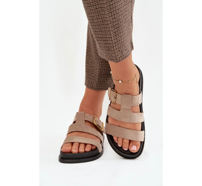 Dámské pantofle s pásky a zlatým přezkou béžové model 21919132 - Boto