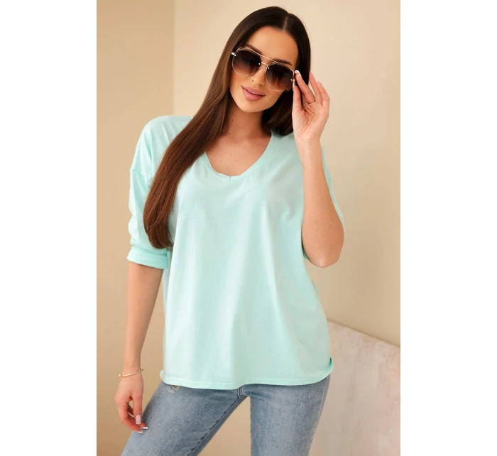 Dámská bavlněná blůza s výstřihem do V a dlouhým rukávem mátová