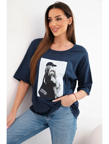 Dámská bavlněná oversize halenka s krátkým rukávem a model 22042974 potiskem námořnická modrá - K-Fashion