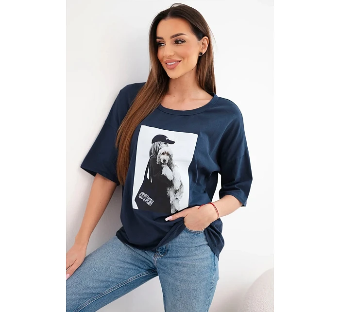 Dámská bavlněná oversize halenka s krátkým rukávem a model 22042974 potiskem námořnická modrá - K-Fashion