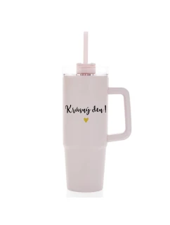 KRÁSNÝ DEN - růžový cestovní termohrnek s průhledným víčkem 900 ml  
