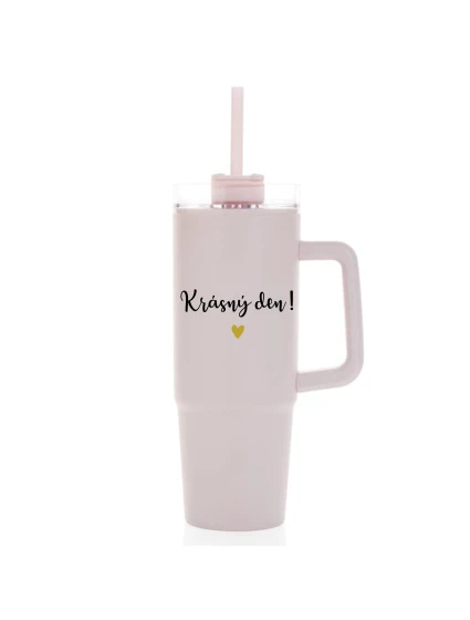 KRÁSNÝ DEN - růžový cestovní termohrnek s průhledným víčkem 900 ml KRÁSNÝ DEN - růžový cestovní termohrnek s průhledným víčkem 900 ml