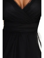 664-3 Dlouhé maxi šaty s tylovými rukávy a obálkovým výstřihem - černé 664-3 Dlouhé maxi šaty s tylovými rukávy a obálkovým výstřihem - černé