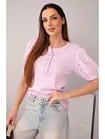 Dámská bavlněná žebrovaná halenka s model 22045177 rukávem a knoflíky světle fialová - K-Fashion