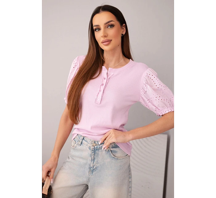 Dámská bavlněná žebrovaná halenka s model 22045177 rukávem a knoflíky světle fialová - K-Fashion