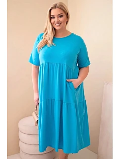 Dámské bavlněné šaty Plus Size s krátkým rukávem a volánem tyrkysová